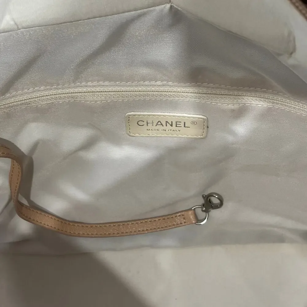 Authentic Chanel Paris Biarritz CC Large Tote Bag Gold Tan Coated Canvas Handbag